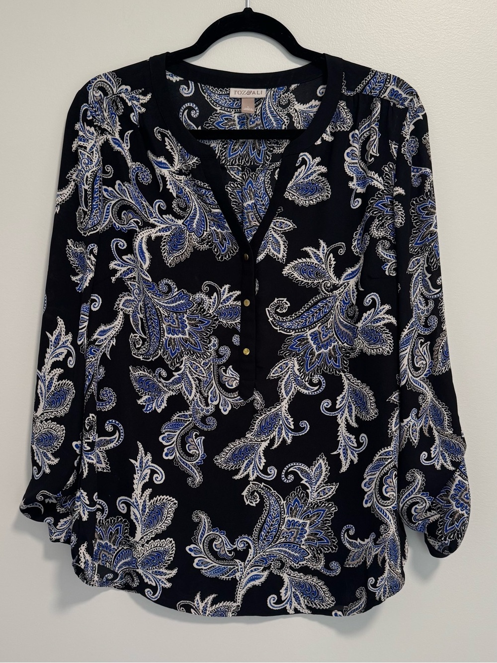 Roz & Ali Black Blue Paisley Long Sleeve Blouse Size L